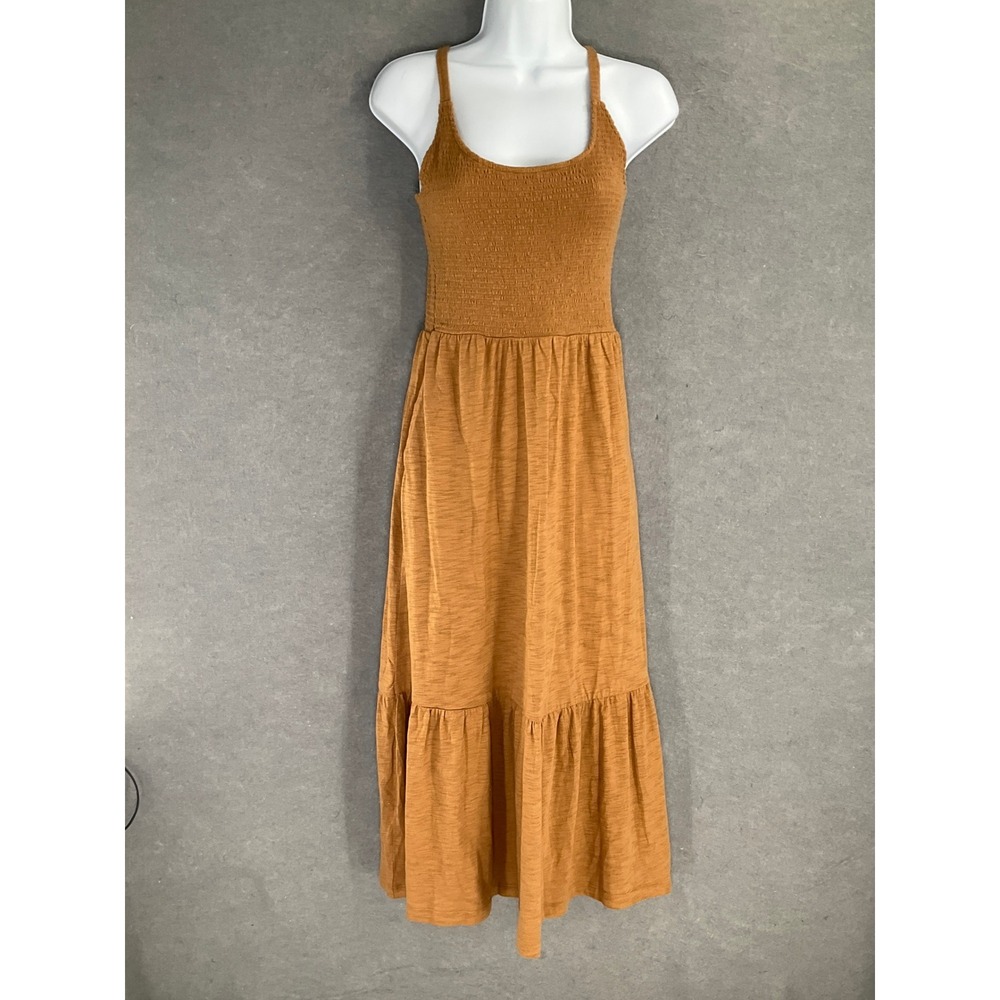 GAP Maxi Dress Sz XS Smocked Bodice Amber Brown Tiered Cottagecore‎ Bohemian